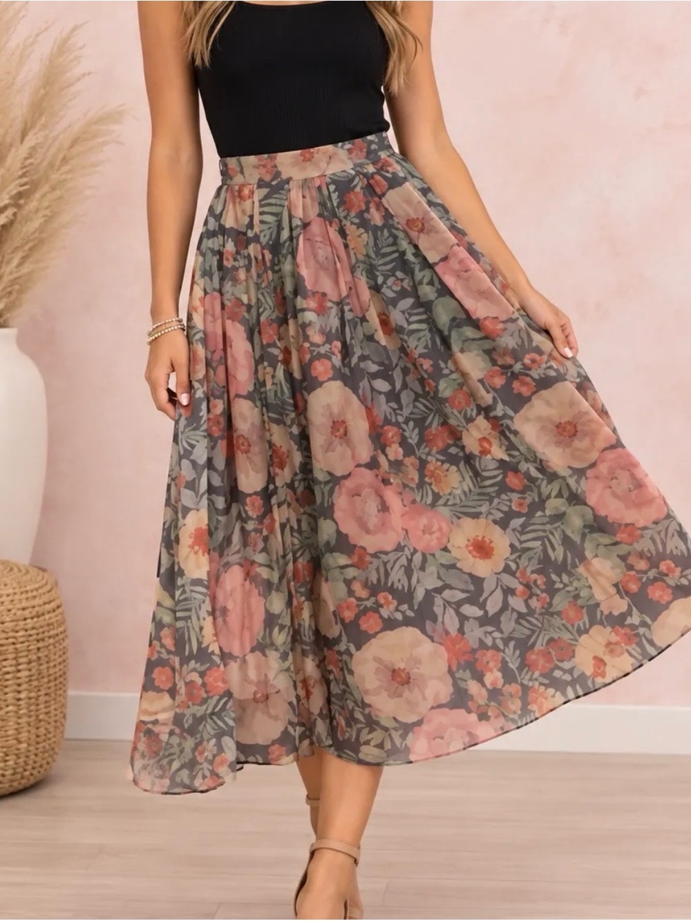 Promesa Floral Midi Skirt - Pink & Gray